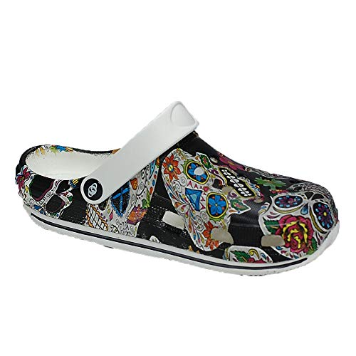 Anyovi Zueco Sanitario Divertido Calavera Negra Serigrafiado,Transpirable,Suela Antideslizante, Muy Ligero 240 Gramos par. - Unisex-Adulto Talla: 41 Color: Multicolor