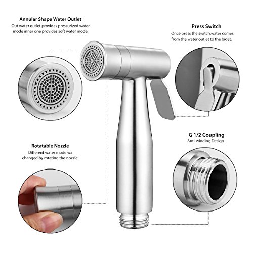 AOZBZ 2 Modos Cabeza de Bidé de Mano Shattaf Pulverizador, Acero Inoxidable Bidet de Ducha de Baño Spray Faucet G1/2 Conectore