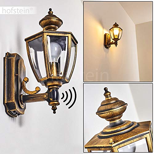 Aplique para exterior Batie de metal en dorado/negro con cristales de plástico, 1 x E27, máx 60 vatios, con detector de movimiento y estilo retro/vintage, ideal para terraza y patio