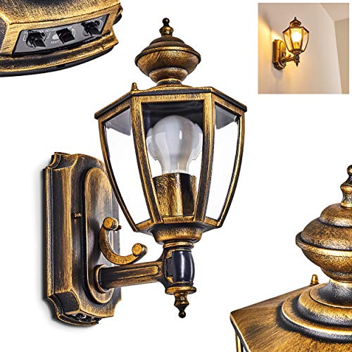 Aplique para exterior Batie de metal en dorado/negro con cristales de plástico, 1 x E27, máx 60 vatios, con detector de movimiento y estilo retro/vintage, ideal para terraza y patio