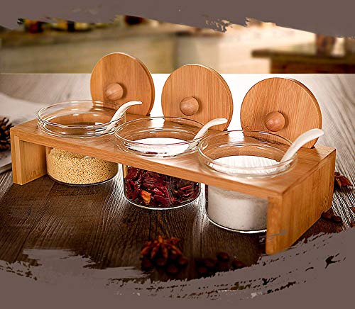 Aprilhp Creativa Azucareros con Tapa y Cuchara, Vidrio Salero Cocina para Cocinar Restaurantes, Tanque de condimento con Soporte de Madera, para la Sal, Azucar o Cafe, Home Cocina Gadgets