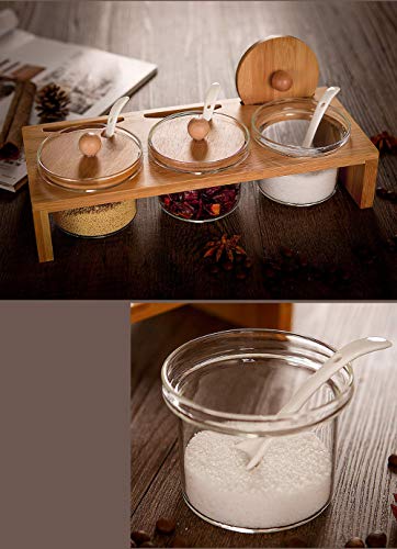 Aprilhp Creativa Azucareros con Tapa y Cuchara, Vidrio Salero Cocina para Cocinar Restaurantes, Tanque de condimento con Soporte de Madera, para la Sal, Azucar o Cafe, Home Cocina Gadgets