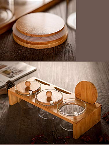 Aprilhp Creativa Azucareros con Tapa y Cuchara, Vidrio Salero Cocina para Cocinar Restaurantes, Tanque de condimento con Soporte de Madera, para la Sal, Azucar o Cafe, Home Cocina Gadgets
