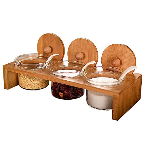 Aprilhp Creativa Azucareros con Tapa y Cuchara, Vidrio Salero Cocina para Cocinar Restaurantes, Tanque de condimento con Soporte de Madera, para la Sal, Azucar o Cafe, Home Cocina Gadgets