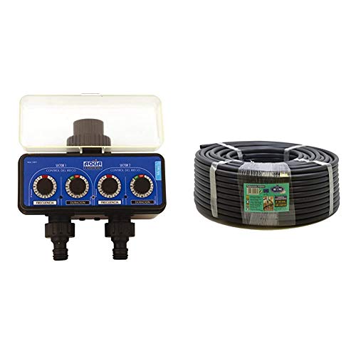 Aqua Control C4011 - Programador de Riego para Jardín - para Todo Tipo de Grifos - con 2 Salidas Independientes + S&M 010064 -Tubería riego por Goteo de Polietileno Ø 16 mm x 100 Metros, Color Negro