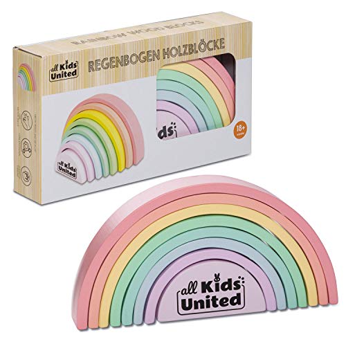 Arco iris de madera de colores, puente arqueado hecho de bloques de construcción, torre de apilamiento juguete educativo hecho de bloques de 8 piezas; hecho de madera ecológica, certificada por el FSC