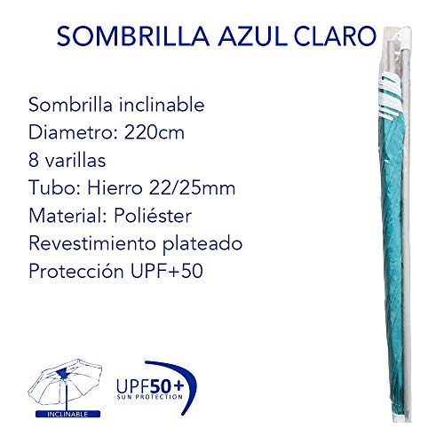 Arcoiris Sombrilla Playa Parasol de Aluminio Protección Solar UPF+50 (200cm, Azul Clara)