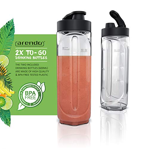 arendo Batidora de Vaso Licuadora - Incl. 2X Vasos de Tritan - 600 ml - 300 W - Sin BPA - Potente Cuchilla de Acero Inoxidable - Manejo Sencillo con 1 botón - Apagado de Seguridad automático
