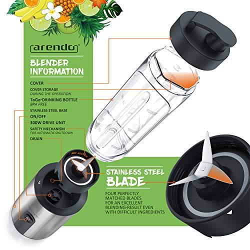 arendo Batidora de Vaso Licuadora - Incl. 2X Vasos de Tritan - 600 ml - 300 W - Sin BPA - Potente Cuchilla de Acero Inoxidable - Manejo Sencillo con 1 botón - Apagado de Seguridad automático
