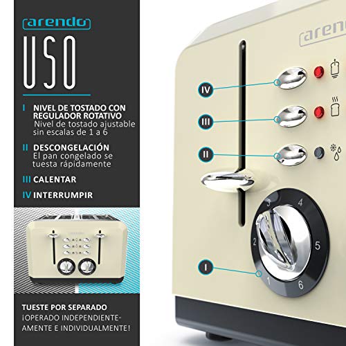 arendo - Tostadoras 4 rebanadas 1630 W - Carcasa de Acero Inoxidable - hasta 4 rebanadas de Pan de Molde -Grado de Tostado 1-6 - Función de calentado y descongelado - Design Retro Creme