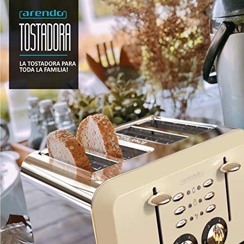 arendo - Tostadoras 4 rebanadas 1630 W - Carcasa de Acero Inoxidable - hasta 4 rebanadas de Pan de Molde -Grado de Tostado 1-6 - Función de calentado y descongelado - Design Retro Creme