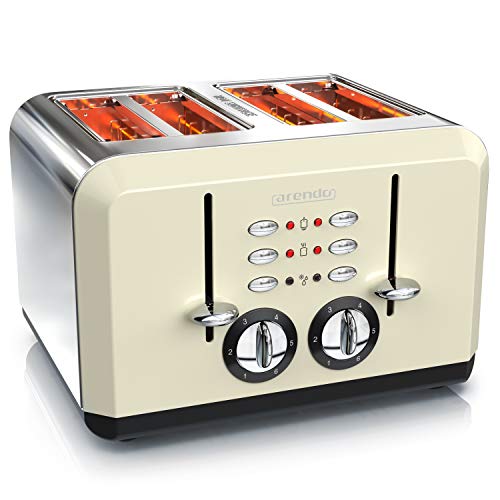arendo - Tostadoras 4 rebanadas 1630 W - Carcasa de Acero Inoxidable - hasta 4 rebanadas de Pan de Molde -Grado de Tostado 1-6 - Función de calentado y descongelado - Design Retro Creme