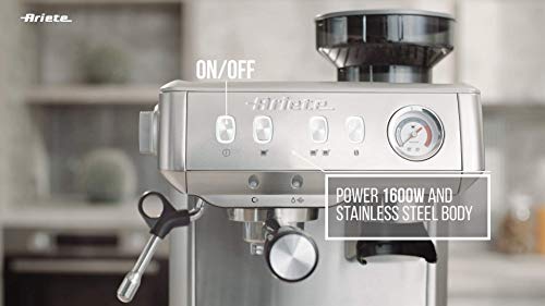 Ariete 1313 Cafetera Espresso de Metal Monodosis, 1600W, 15 Bars, 2 Litros,Café En Polvo Y Ese Pods, Cappuccino, Molinillo Integrado, Cuerpo Acero Inoxidable