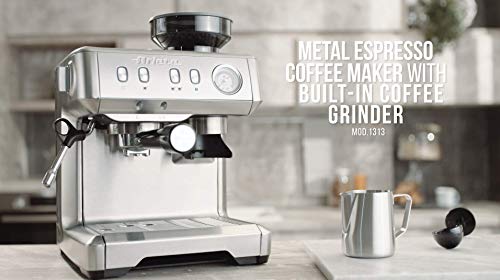 Ariete 1313 Cafetera Espresso de Metal Monodosis, 1600W, 15 Bars, 2 Litros,Café En Polvo Y Ese Pods, Cappuccino, Molinillo Integrado, Cuerpo Acero Inoxidable