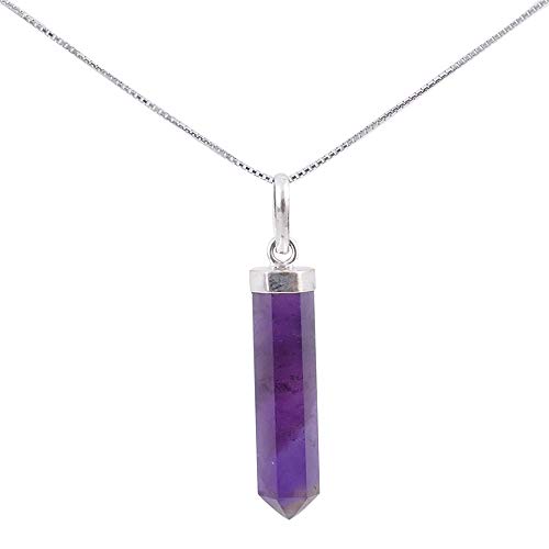 ARITZI - Colgante en Plata de Ley 925 con forma de punta en Piedra natural - Incluye una Cadena"box chain" de 45cm de plata - Amatista
