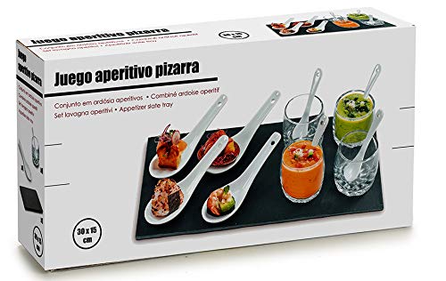 Arte Regal Juego 13 Piezas Tapas con Base de Pizarra más 4 Cucharas Cerámica Tapas más Juego Vasos con Cucharilla para Salsas excelente Diseño para Restaurantes, Uso Diario, Regalo, etc.