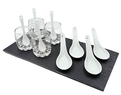 Arte Regal Juego 13 Piezas Tapas con Base de Pizarra más 4 Cucharas Cerámica Tapas más Juego Vasos con Cucharilla para Salsas excelente Diseño para Restaurantes, Uso Diario, Regalo, etc.
