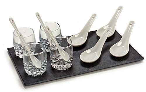 Arte Regal Juego 13 Piezas Tapas con Base de Pizarra más 4 Cucharas Cerámica Tapas más Juego Vasos con Cucharilla para Salsas excelente Diseño para Restaurantes, Uso Diario, Regalo, etc.