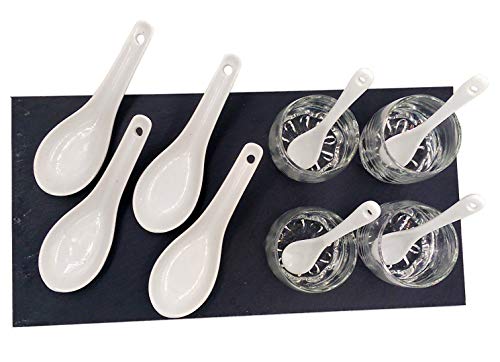 Arte Regal Juego 13 Piezas Tapas con Base de Pizarra más 4 Cucharas Cerámica Tapas más Juego Vasos con Cucharilla para Salsas excelente Diseño para Restaurantes, Uso Diario, Regalo, etc.