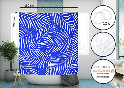arteneur®- Cortina de Ducha 180x200 Hojas de Palma Azul – Cortina de Baño de Tela, Antimoho, Lavable, Impermeable y Opaco con Dobladillo Ponderado y 12 Anillas
