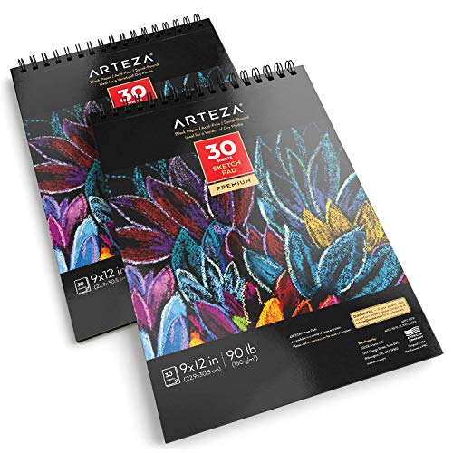 Arteza Bloc de dibujo de papel negro | 22,9x30,5 cm | 150 gsm | Set de 2 | 60 hojas negras x 2 | Encuadernación en espiral | Para usar con lápices de colores, pastel, óleo, gel, tiza y tinta