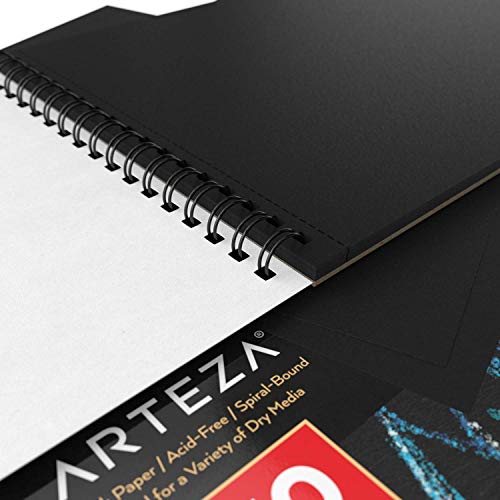 Arteza Bloc de dibujo de papel negro | 22,9x30,5 cm | 150 gsm | Set de 2 | 60 hojas negras x 2 | Encuadernación en espiral | Para usar con lápices de colores, pastel, óleo, gel, tiza y tinta