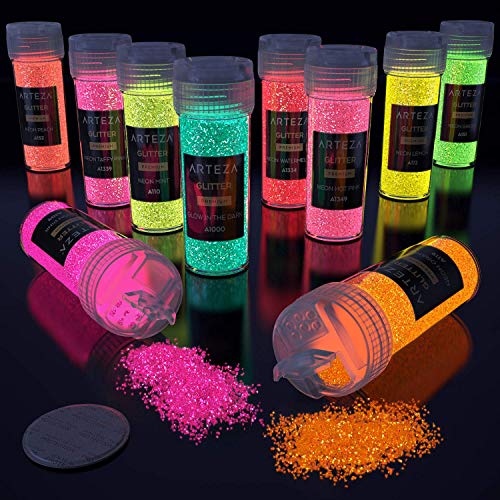 Arteza Botes de purpurina fina multiusos | Tarros de 9,6 g | Juego de 54 colores | Purpurina extrafina que brilla con luz negra ultravioleta | Purpurina en polvo para cuerpo, cara y manualidades