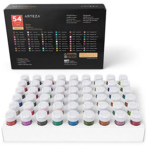 Arteza Botes de purpurina fina multiusos | Tarros de 9,6 g | Juego de 54 colores | Purpurina extrafina que brilla con luz negra ultravioleta | Purpurina en polvo para cuerpo, cara y manualidades