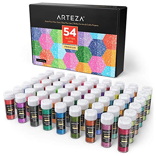 Arteza Botes de purpurina fina multiusos | Tarros de 9,6 g | Juego de 54 colores | Purpurina extrafina que brilla con luz negra ultravioleta | Purpurina en polvo para cuerpo, cara y manualidades