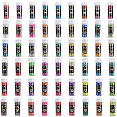 Arteza Botes de purpurina fina multiusos | Tarros de 9,6 g | Juego de 54 colores | Purpurina extrafina que brilla con luz negra ultravioleta | Purpurina en polvo para cuerpo, cara y manualidades