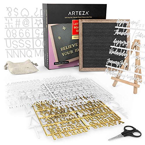 ARTEZA Cartel de Letras Intercambiables, Pizarra de Fieltro Gris (25,4x25,4 cm), con 526 Letras, 164 símbolos, 33 Palabras cursivas, Atril de Madera, tablón de Mensajes, Carteles de menú y decoración