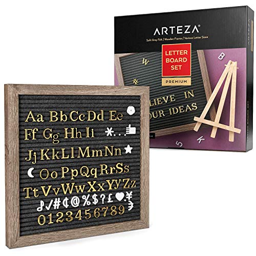 ARTEZA Cartel de Letras Intercambiables, Pizarra de Fieltro Gris (25,4x25,4 cm), con 526 Letras, 164 símbolos, 33 Palabras cursivas, Atril de Madera, tablón de Mensajes, Carteles de menú y decoración