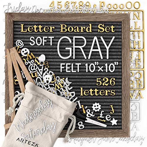 ARTEZA Cartel de Letras Intercambiables, Pizarra de Fieltro Gris (25,4x25,4 cm), con 526 Letras, 164 símbolos, 33 Palabras cursivas, Atril de Madera, tablón de Mensajes, Carteles de menú y decoración