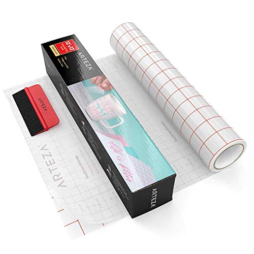 Arteza Cinta de transferencia transparente con rejilla y rasqueta | Rollo de 30,48 cm x 3,65 metros | Cinta de alineación y transferencia de vinilo adhesivo | Para calcomanías en superficies lisas
