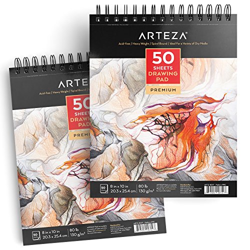Arteza Cuadernos de dibujo | Pack de 2 blocs de 50 hojas cada uno | Papel grueso de 130g | para dibujo artístico con medios secos