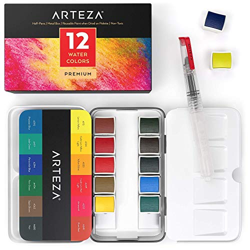 Arteza Estuche de pinturas de acuarela | 12 medias pastillas | 12 Colores surtidos | Incluye 1 pluma de pincel de agua