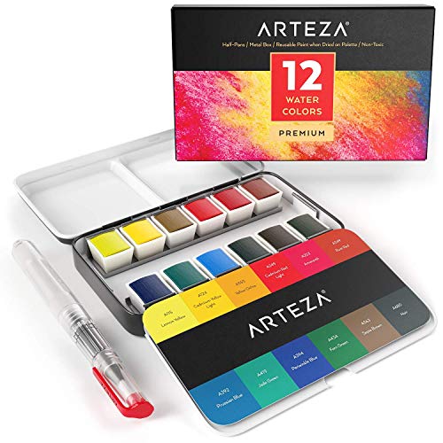 Arteza Estuche de pinturas de acuarela | 12 medias pastillas | 12 Colores surtidos | Incluye 1 pluma de pincel de agua