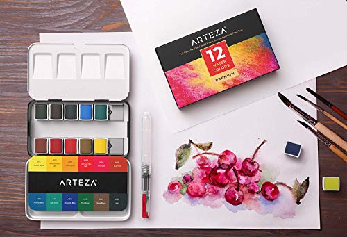 Arteza Estuche de pinturas de acuarela | 12 medias pastillas | 12 Colores surtidos | Incluye 1 pluma de pincel de agua