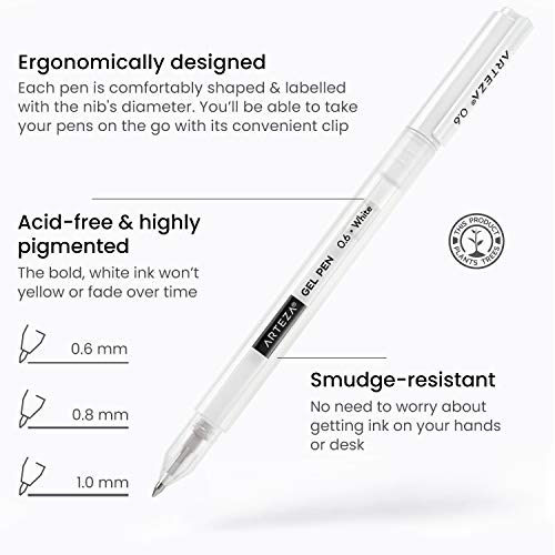 Arteza Juego de bolígrafos gel blanco, paquete de 12 unidades, bolígrafo de gel blanco para diseños artísticos con puntas de 0,6 mm, 0,8 mm y 1,00 mm, bolígrafos blancos para dibujo, notas y bocetos