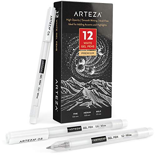 Arteza Juego de bolígrafos gel blanco, paquete de 12 unidades, bolígrafo de gel blanco para diseños artísticos con puntas de 0,6 mm, 0,8 mm y 1,00 mm, bolígrafos blancos para dibujo, notas y bocetos