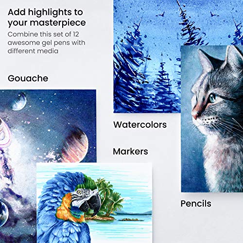 Arteza Juego de bolígrafos gel blanco, paquete de 12 unidades, bolígrafo de gel blanco para diseños artísticos con puntas de 0,6 mm, 0,8 mm y 1,00 mm, bolígrafos blancos para dibujo, notas y bocetos