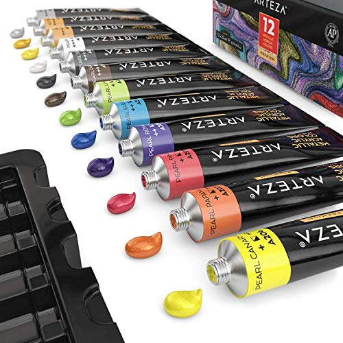 Arteza Pintura acrílica metálica | 12 colores | 12 tubos de 22 ml | Pinturas acrílicas para lienzos | Acrílicos resistentes no tóxicos | Tubos de pintura acrílica para artistas, principiantes y niños