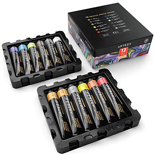 Arteza Pintura acrílica metálica | 12 colores | 12 tubos de 22 ml | Pinturas acrílicas para lienzos | Acrílicos resistentes no tóxicos | Tubos de pintura acrílica para artistas, principiantes y niños
