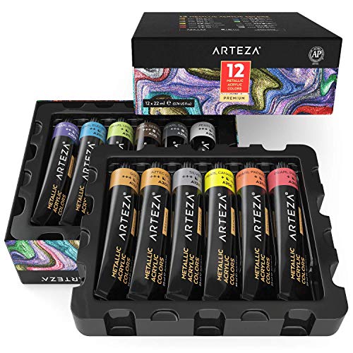 Arteza Pintura acrílica metálica | 12 colores | 12 tubos de 22 ml | Pinturas acrílicas para lienzos | Acrílicos resistentes no tóxicos | Tubos de pintura acrílica para artistas, principiantes y niños