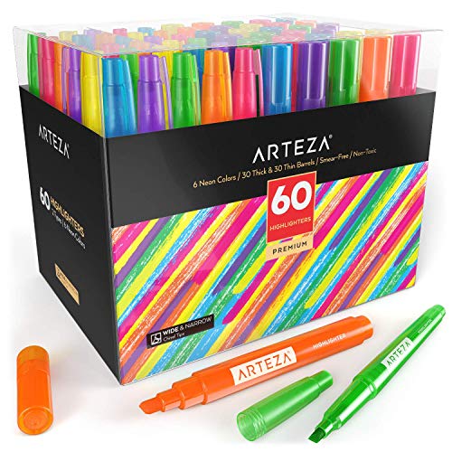 Arteza Rotuladores fosforescentes | 60 subrayadores fosforitos | 30 anchos y 30 finos | 6 colores | Caja de rotuladores fluorescentes | Ideal para aulas y oficinas