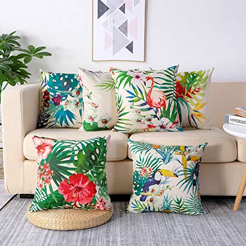 Artscope Funda de Cojín 45x45cm,Funda de Almohada para Cojín Cuadrado Algodón Lino para Sofá Cama Decoración para Hogar,Juego de 6 (Flamenco con Flor Tropical)