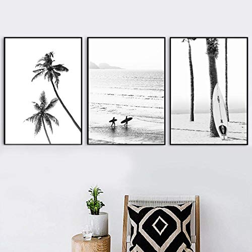 ARTTONIT Carteles e Impresiones en Blanco y Negro del Paisaje de Surf costero Sea Wave Tabla de Surf Fotografía Fotos Lienzo Pintura Decoración para el hogar 50x70cmx3 sin Marco
