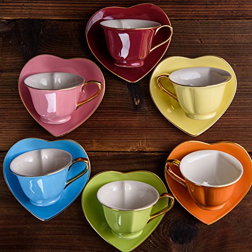 Artvigor 6 Juegos de Tazas de Café/Té de Porcelana Tazas de Cerámica, 100 ml, Juegos de Vajillas de Agua/Leche para Hogar, Oficina, Cafetería, Regalo para Cumpleaños, Festival - Forma de Corazón