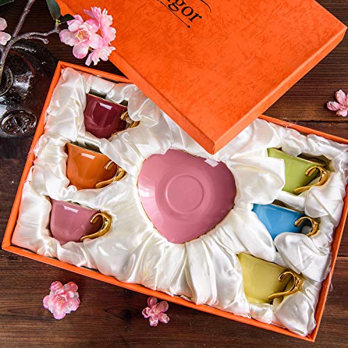 Artvigor 6 Juegos de Tazas de Café/Té de Porcelana Tazas de Cerámica, 100 ml, Juegos de Vajillas de Agua/Leche para Hogar, Oficina, Cafetería, Regalo para Cumpleaños, Festival - Forma de Corazón