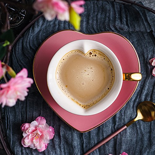 Artvigor 6 Juegos de Tazas de Café/Té de Porcelana Tazas de Cerámica, 150 ml, Juegos de Vajillas de Agua/Leche para Hogar, Oficina, Cafetería, Regalo para Cumpleaños, Festival - Forma de Corazón